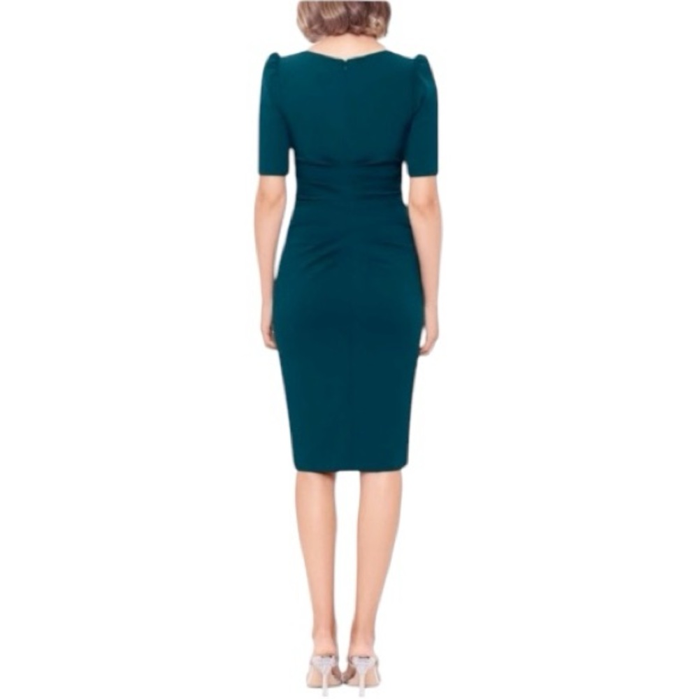 Xscape Ruched Hunter Green Puff Sleeve Short Sleeve Sheath Scuba Dress Size 12 - Picture 2 of 10